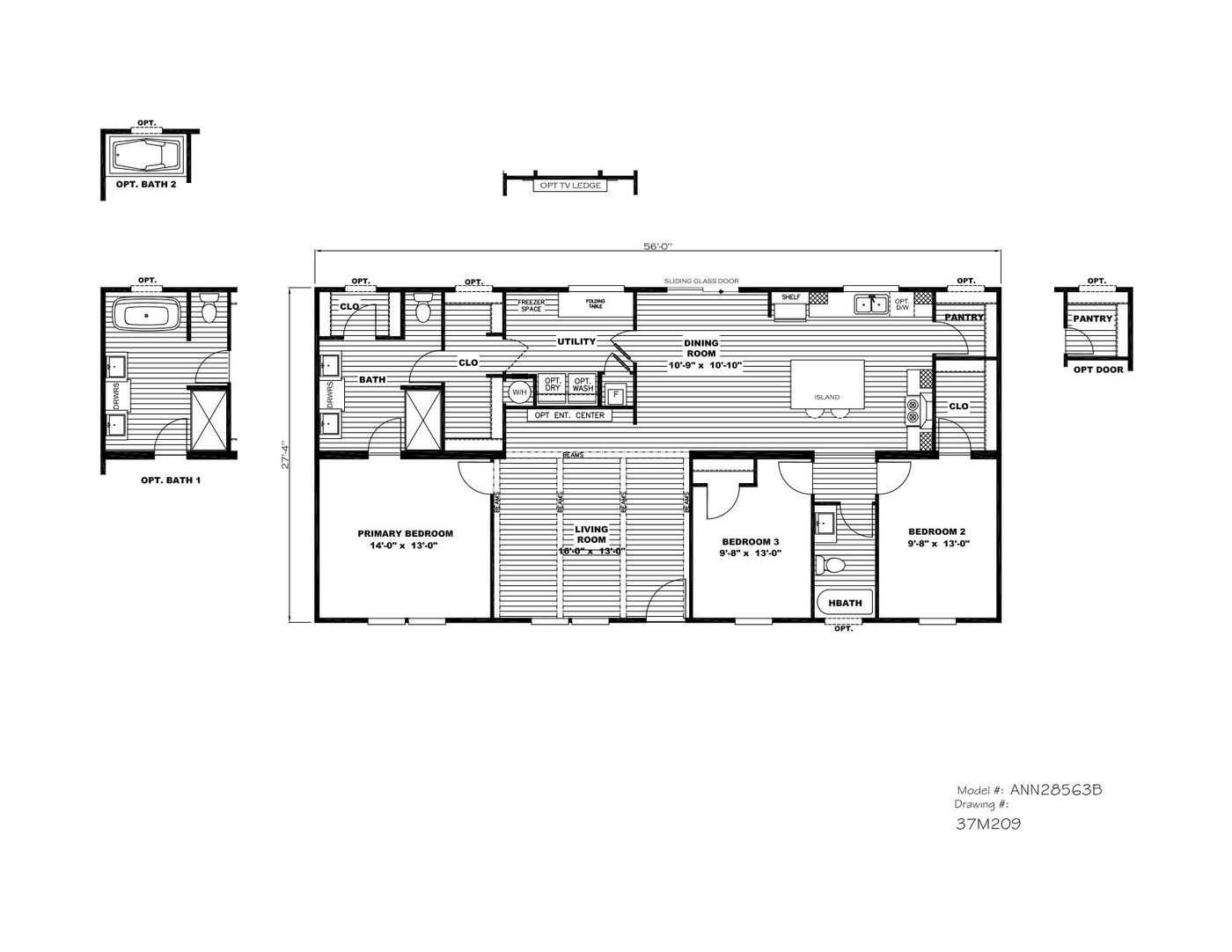 The ANNIVERSARY 56 Floor Plan. This Manufactured Mobile Home features 3 bedrooms and 2 baths.
