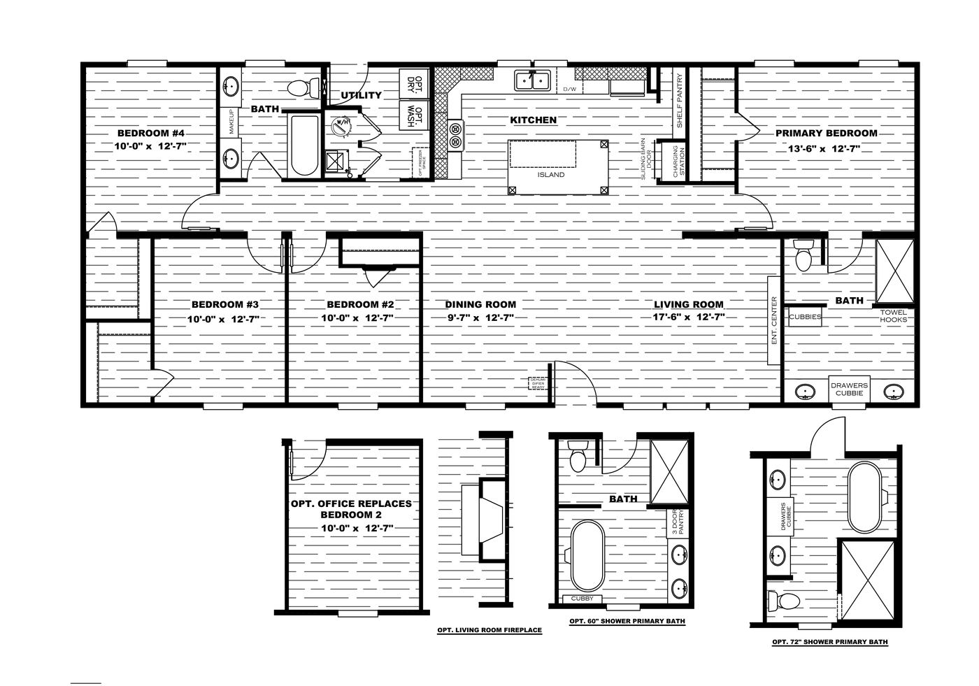 The ISLAND BREEZE 64 Floor Plan. This Manufactured Mobile Home features 4 bedrooms and 2 baths.
