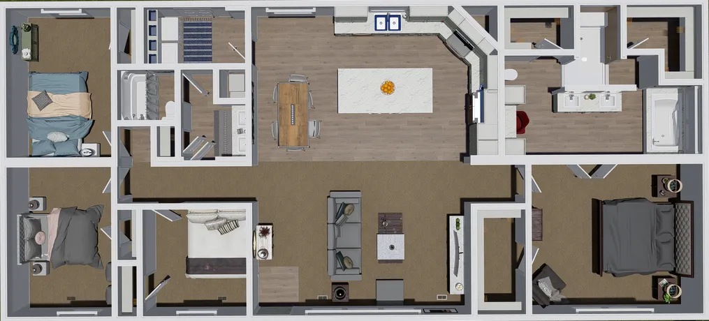 The TU3066A Floor Plan. This Manufactured Mobile Home features 3 bedrooms and 2 baths.