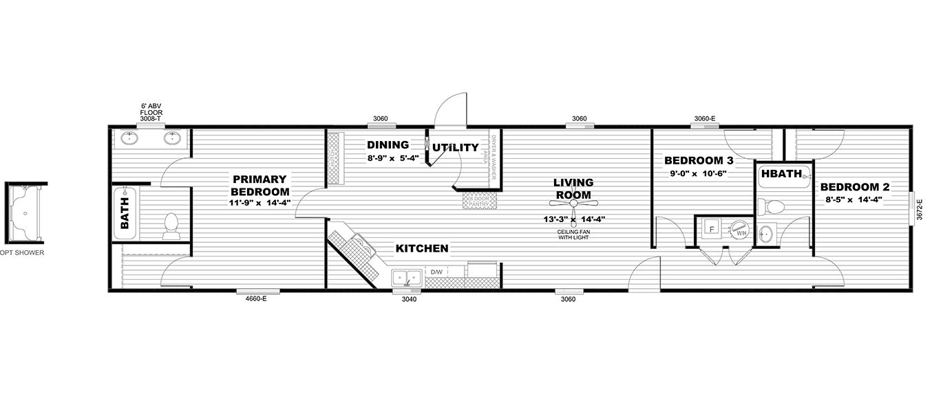 The SELECT 16723F Floor Plan. This Manufactured Mobile Home features 3 bedrooms and 2 baths.