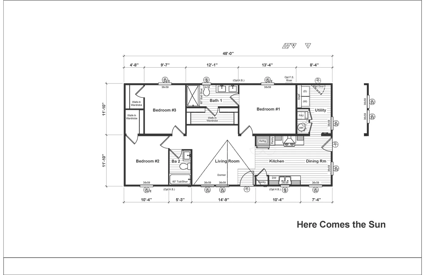 The HERE COMES THE SUN Floor Plan. This Manufactured Mobile Home features 3 bedrooms and 2 baths.