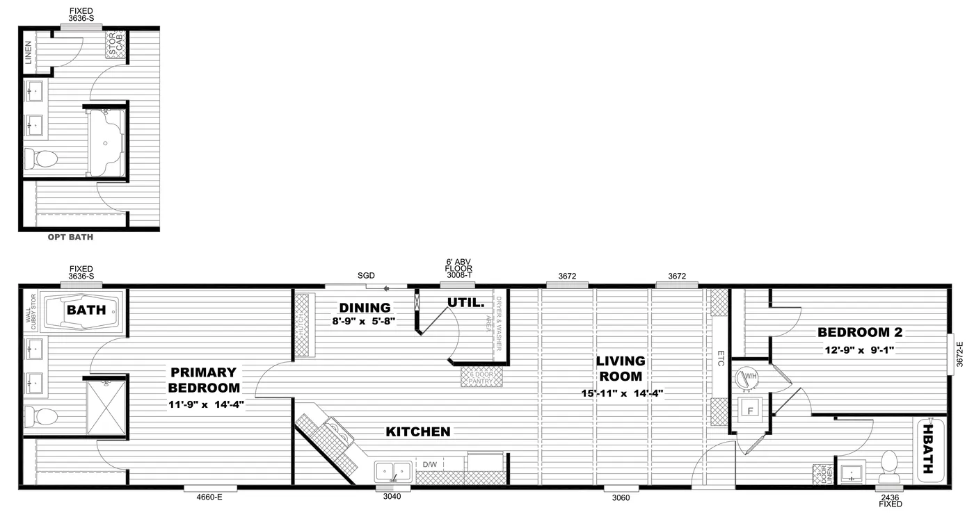 The ANNIVERSARY 16682F Floor Plan. This Manufactured Mobile Home features 2 bedrooms and 2 baths.