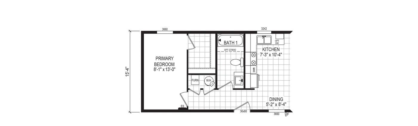 The 4816-E790 THE PULSE Floor Plan. This Manufactured Mobile Home features 2 bedrooms and 1 bath.