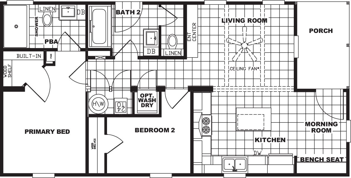 The TIFFANY Floor Plan. This Manufactured Mobile Home features 2 bedrooms and 2 baths.