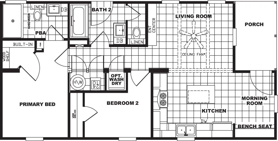 The TIFFANY Floor Plan. This Manufactured Mobile Home features 2 bedrooms and 2 baths.
