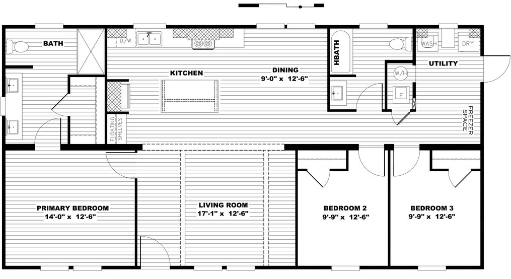 The WILDER Floor Plan. This Manufactured Mobile Home features 3 bedrooms and 2 baths.