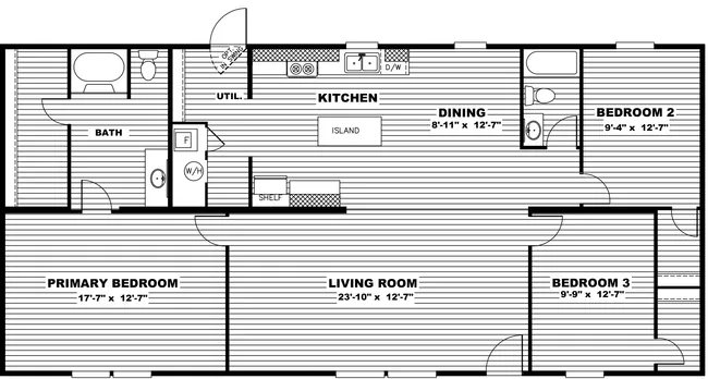 The THRILL Floor Plan. This Manufactured Mobile Home features 3 bedrooms and 2 baths.