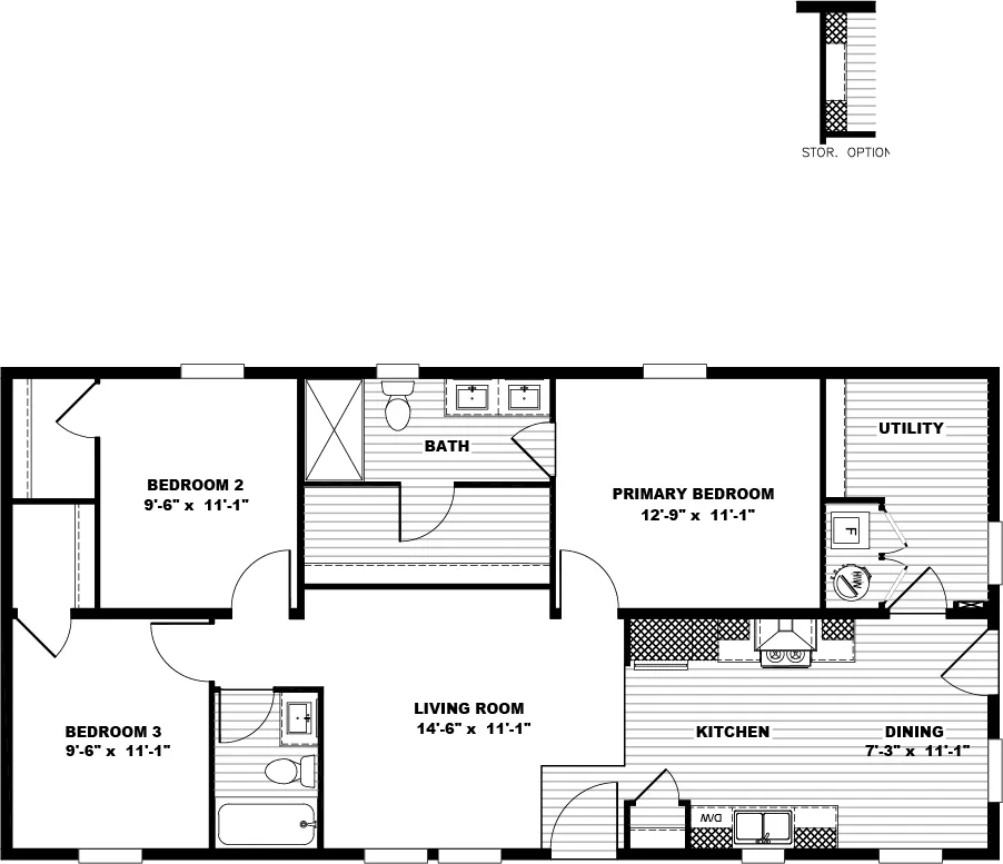 The HERE COMES THE SUN Floor Plan. This Manufactured Mobile Home features 3 bedrooms and 2 baths.