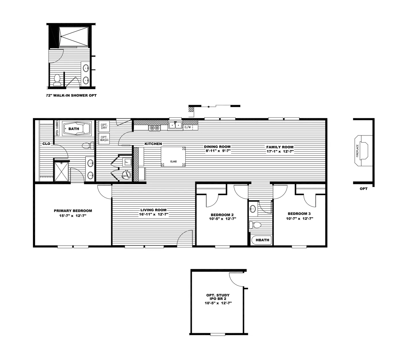 The ULTRA PRO 3 BR 28X60 Floor Plan. This Manufactured Mobile Home features 3 bedrooms and 2 baths.