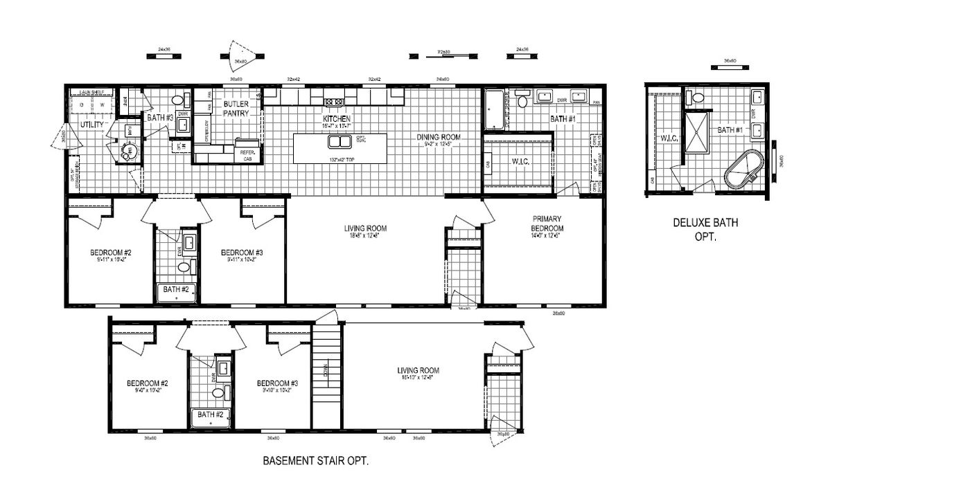 The BUTLER PLACE/6428-MS056 SECT Floor Plan. This Manufactured Mobile Home features 3 bedrooms and 3 baths.