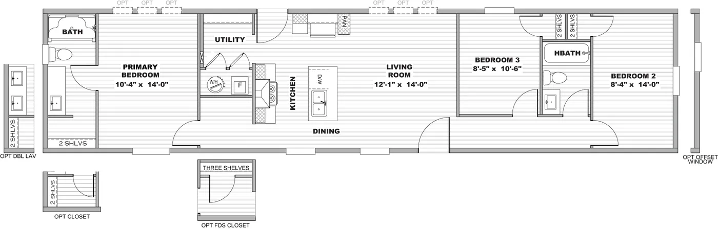 The INTUITION Floor Plan. This Manufactured Mobile Home features 3 bedrooms and 2 baths.