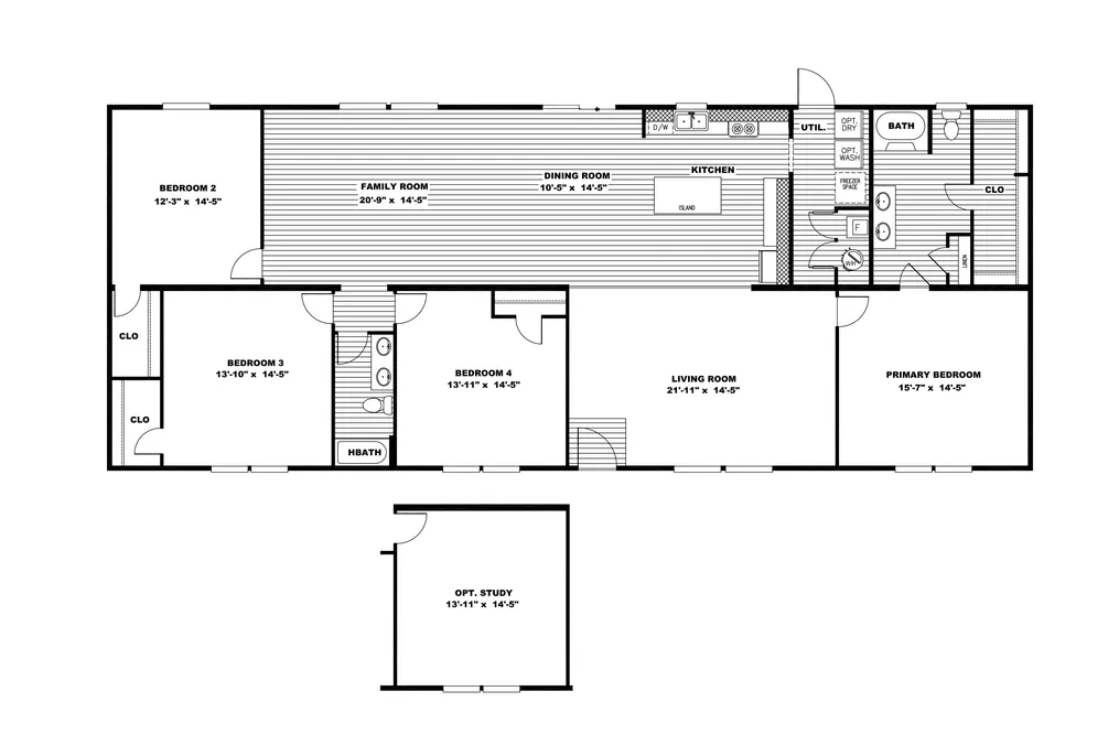 The LEGEND BIG BOY Floor Plan. This Manufactured Mobile Home features 4 bedrooms and 2 baths.