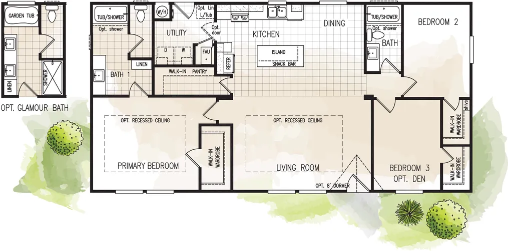 The FAIRPOINT 27543F Floor Plan. This Manufactured Mobile Home features 3 bedrooms and 2 baths.