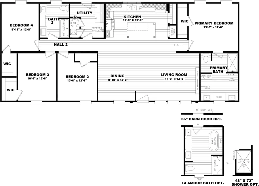 The M785 ISLAND BREEZE 4BR HUD Floor Plan. This Manufactured Mobile Home features 4 bedrooms and 2 baths.
