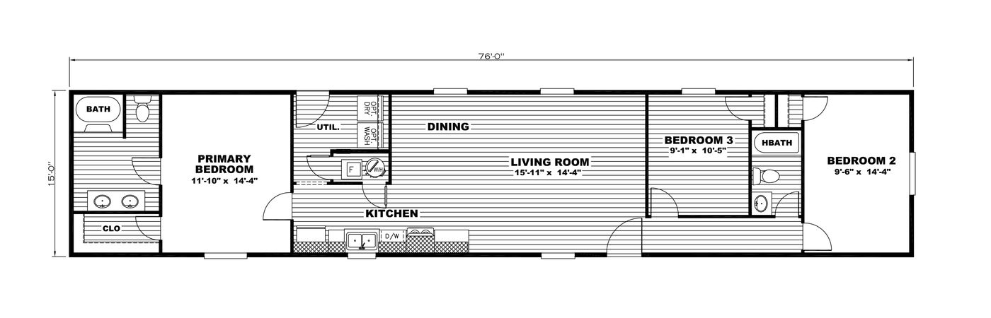 The LEGEND ANNIVERSARY 16X76 Floor Plan. This Manufactured Mobile Home features 3 bedrooms and 2 baths.