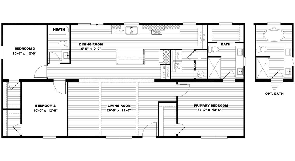 The LIZZIE Floor Plan. This Manufactured Mobile Home features 3 bedrooms and 2 baths.