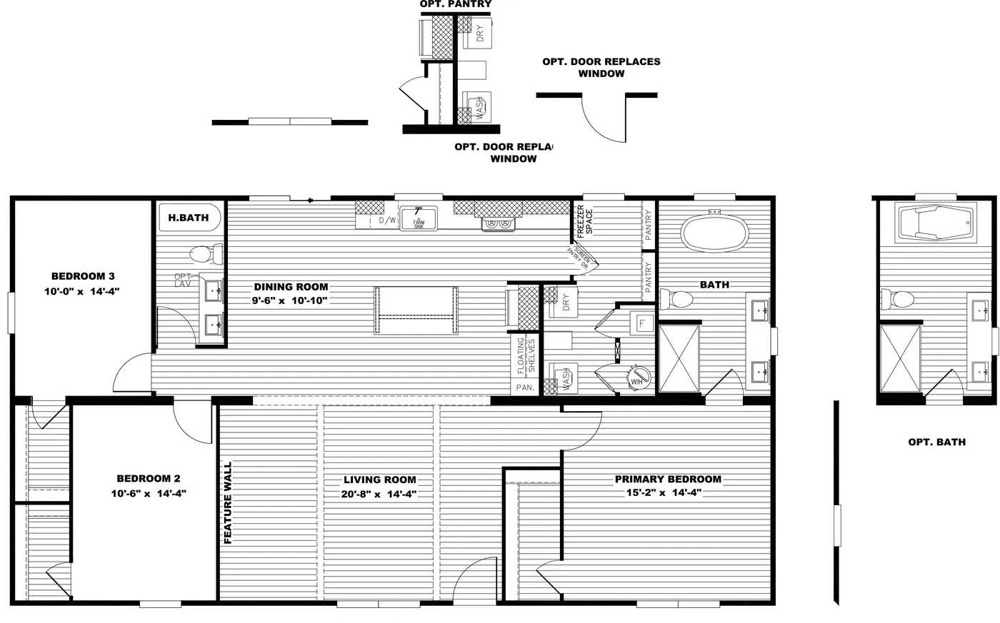 The LIZZIE ELITE Floor Plan. This Manufactured Mobile Home features 3 bedrooms and 2 baths.