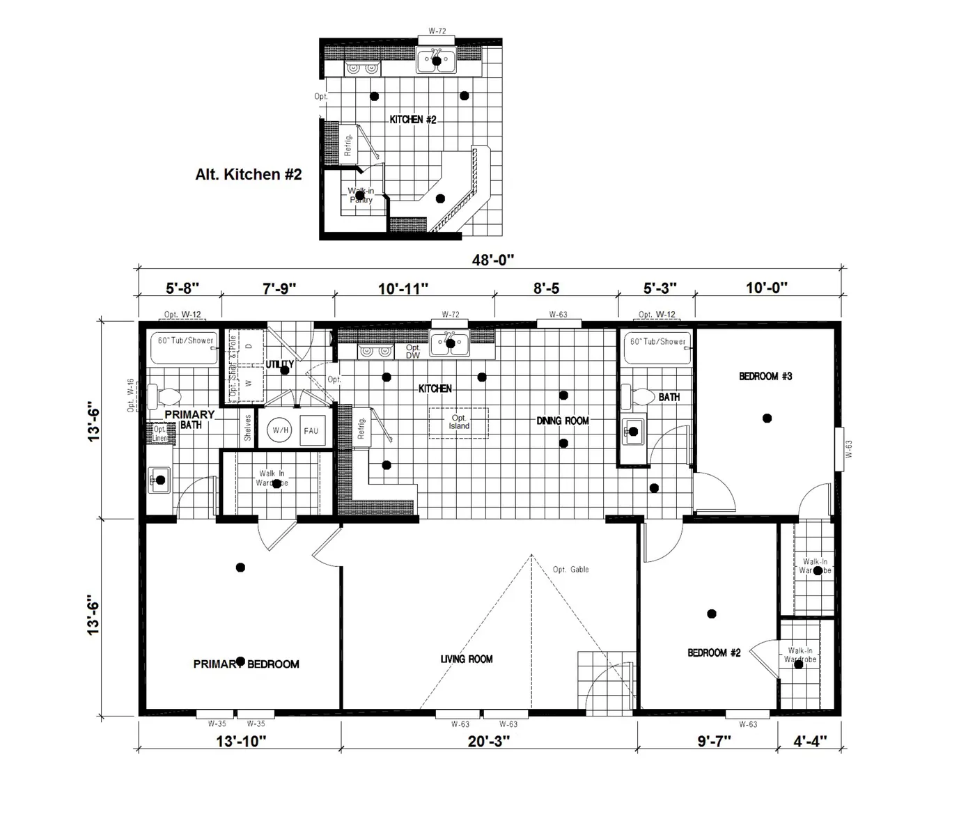 The DRM481F 48'              DREAM Floor Plan. This Manufactured Mobile Home features 3 bedrooms and 2 baths.
