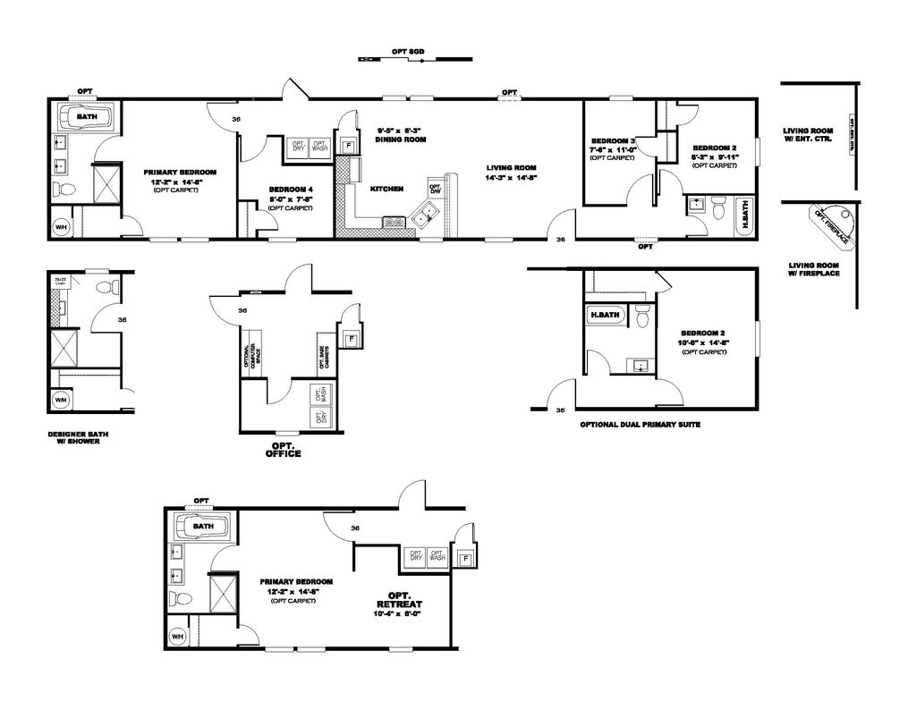 The THE FLEX Floor Plan. This Manufactured Mobile Home features 4 bedrooms and 2 baths.