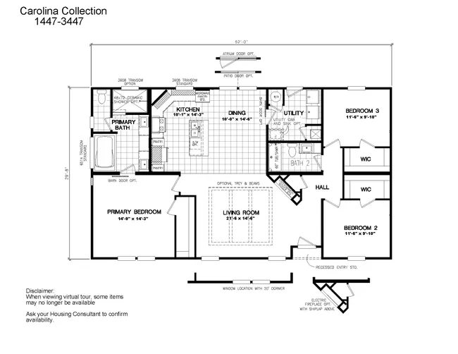 The 3447 CAROLINA Floor Plan. This Modular Home features 3 bedrooms and 2 baths.