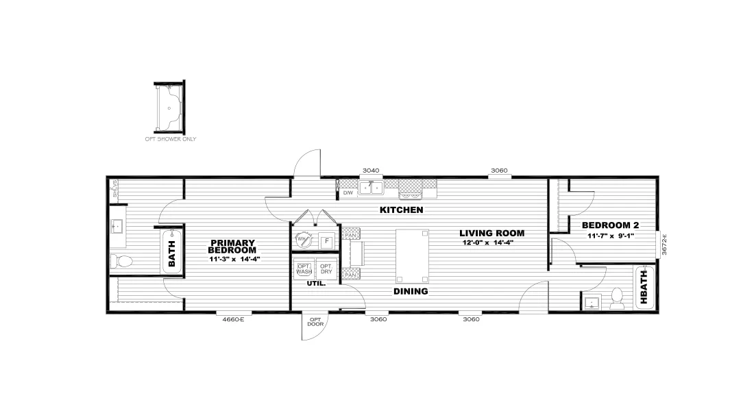 The HOMESTEAD 16602A Floor Plan. This Manufactured Mobile Home features 2 bedrooms and 2 baths.