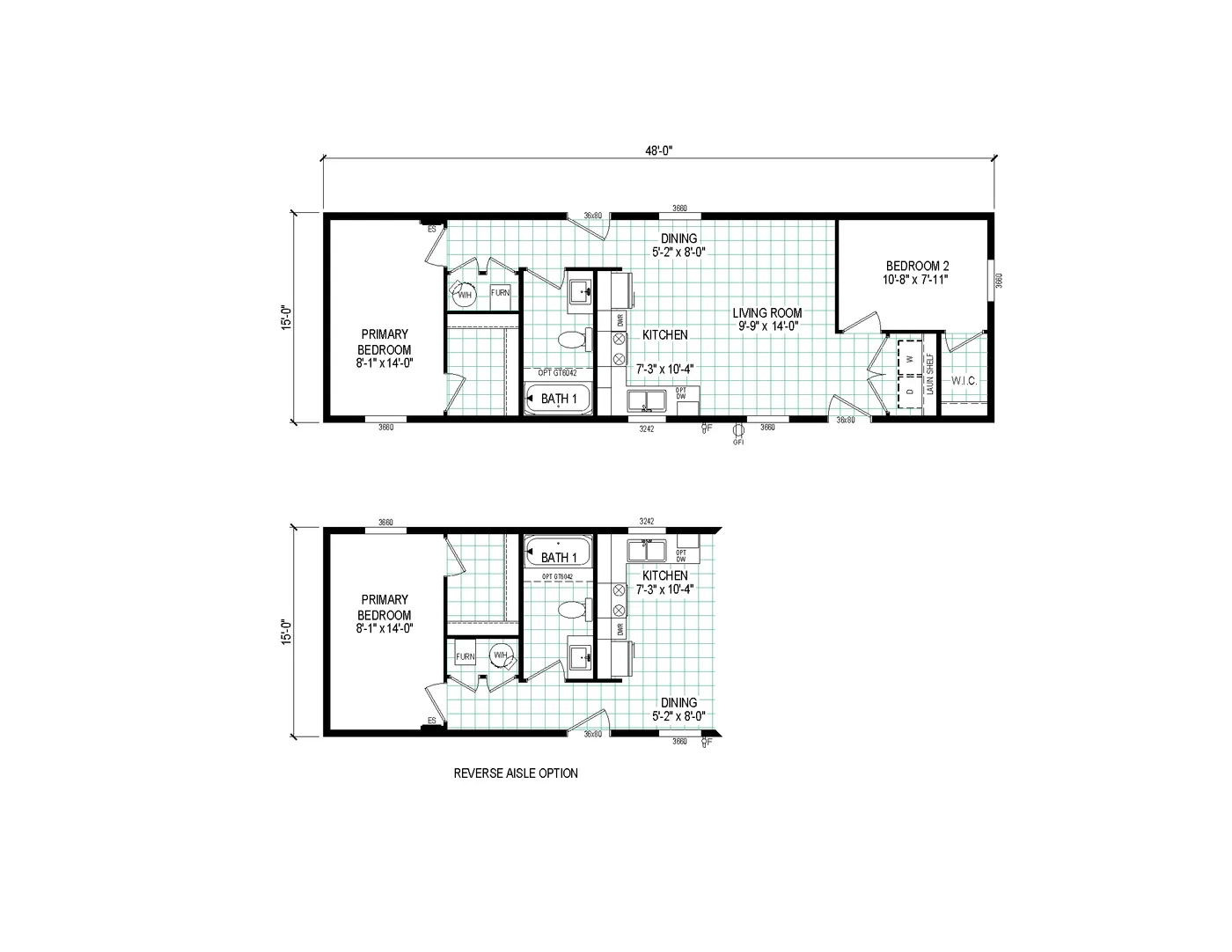 The 4816-4790 THE PULSE Floor Plan. This Manufactured Mobile Home features 2 bedrooms and 1 bath.