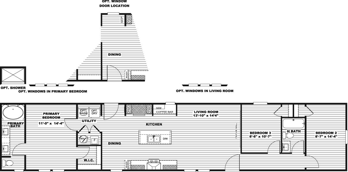 The HUDSON Floor Plan. This Manufactured Mobile Home features 3 bedrooms and 2 baths.