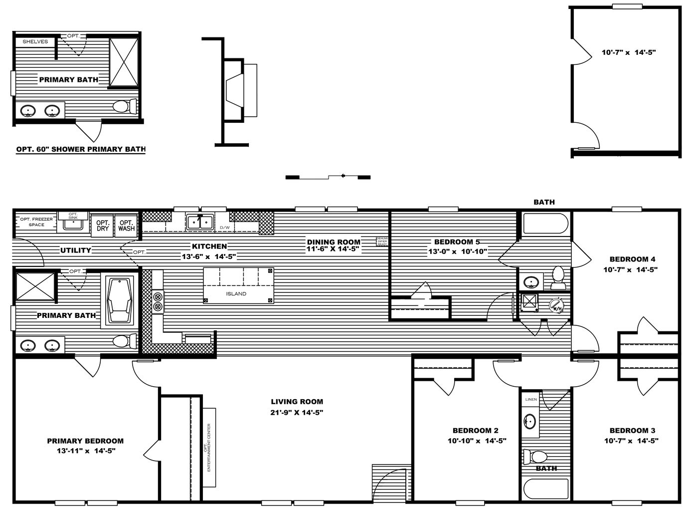 The TRADITION 3268B Floor Plan. This Manufactured Mobile Home features 5 bedrooms and 3 baths.