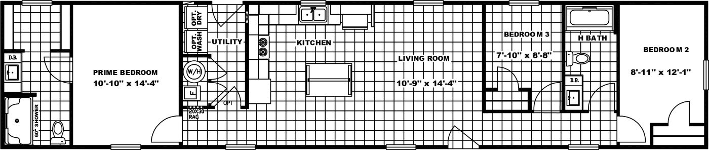 The THOROUGHBRED Floor Plan. This Manufactured Mobile Home features 3 bedrooms and 2 baths.