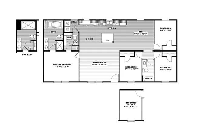 The ULTRA PRO 4 BR 28X56 Floor Plan. This Manufactured Mobile Home features 4 bedrooms and 2 baths.