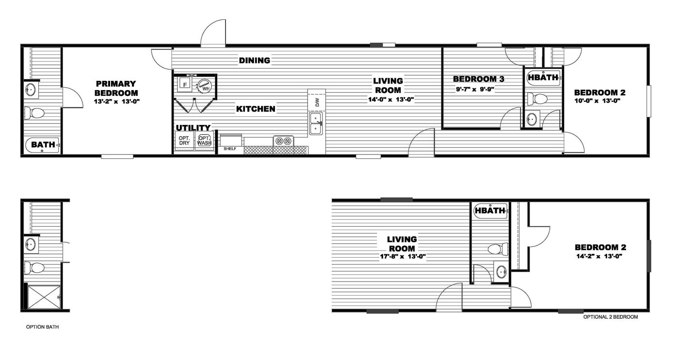 The LEGEND 14X76 Floor Plan. This Manufactured Mobile Home features 3 bedrooms and 2 baths.