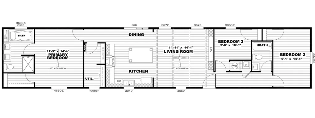 The ANNIVERSARY 16763I Floor Plan. This Manufactured Mobile Home features 3 bedrooms and 2 baths.