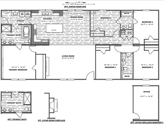 The TRADITION 3268B Floor Plan. This Manufactured Mobile Home features 5 bedrooms and 3 baths.
