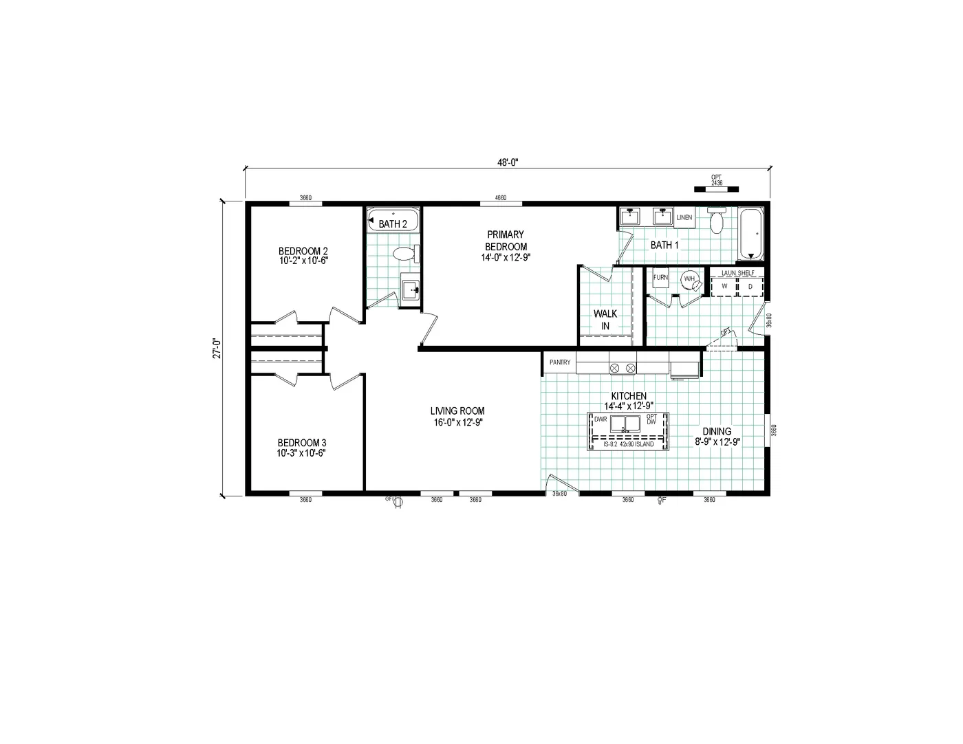 The 4828-E782 THE PULSE Floor Plan. This Manufactured Mobile Home features 3 bedrooms and 2 baths.