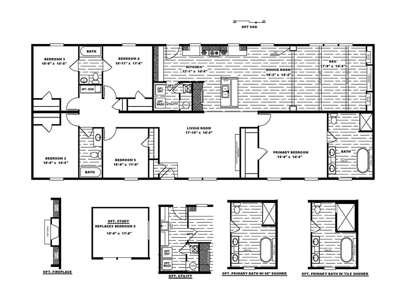 The THE FUSION 32H Floor Plan. This Manufactured Mobile Home features 5 bedrooms and 3 baths.