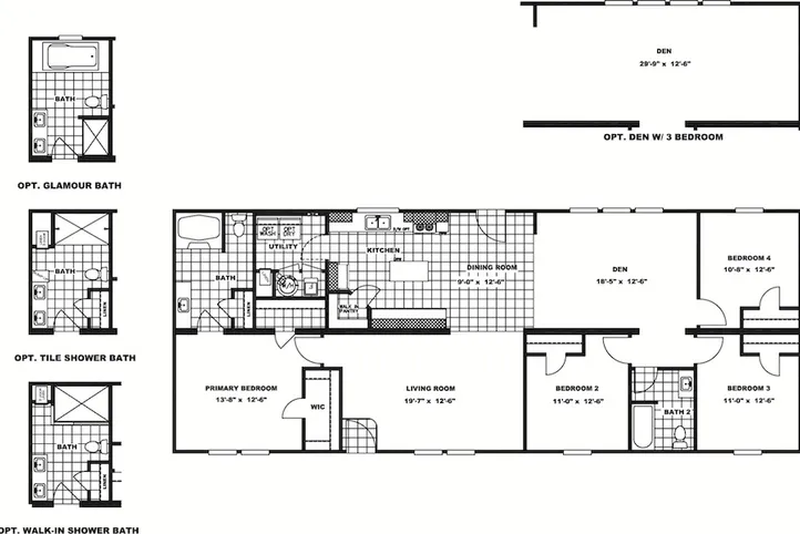 The SANTA FE 684A Floor Plan. This Manufactured Mobile Home features 4 bedrooms and 2 baths.