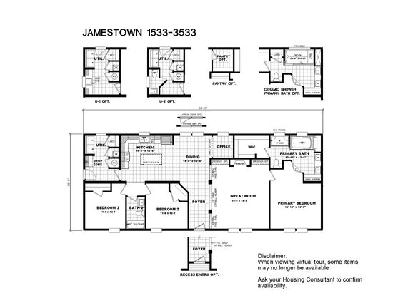 The 3533 JAMESTOWN Floor Plan. This Modular Home features 3 bedrooms and 2 baths.
