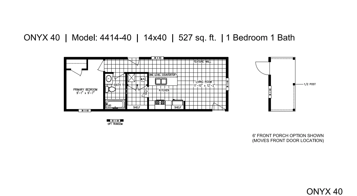 The ONYX Floor Plan. This Manufactured Mobile Home features 1 bedroom and 1 bath.