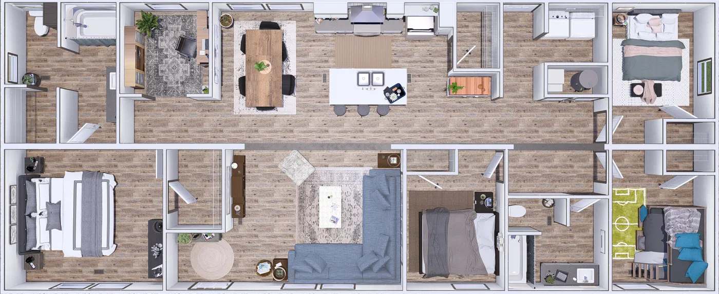 The IMPACT 3D Floor Plan. This Manufactured Mobile Home features 4 bedrooms and 2 baths.