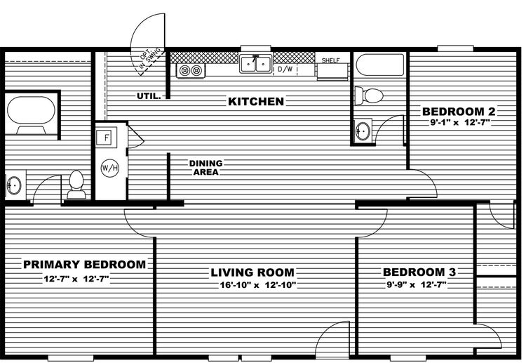 The EXCITEMENT Floor Plan. This Manufactured Mobile Home features 3 bedrooms and 2 baths.