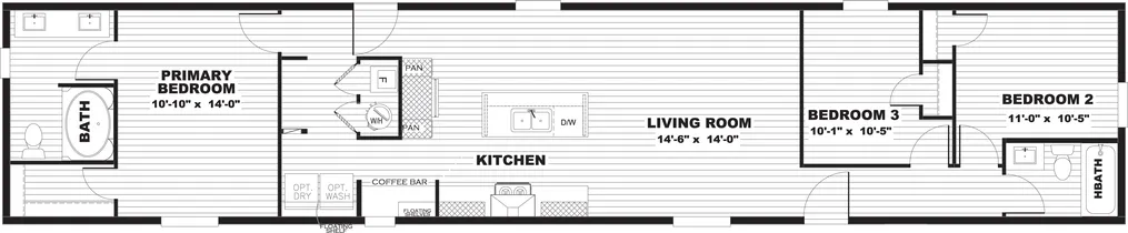 The MARINER Floor Plan. This Manufactured Mobile Home features 3 bedrooms and 2 baths.