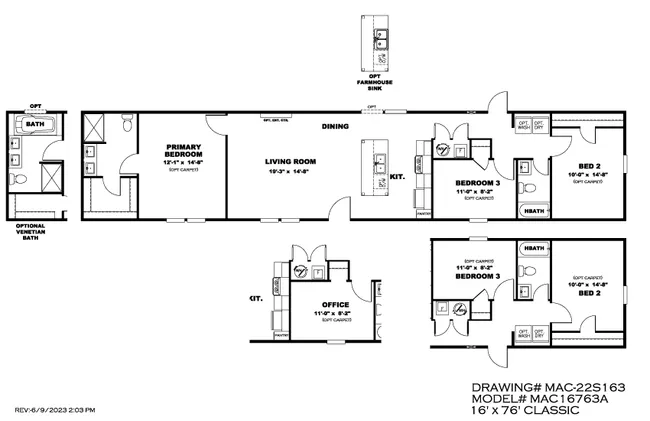 The MAYNARDVILLE CLASSIC 76 Floor Plan. This Manufactured Mobile Home features 3 bedrooms and 2 baths.