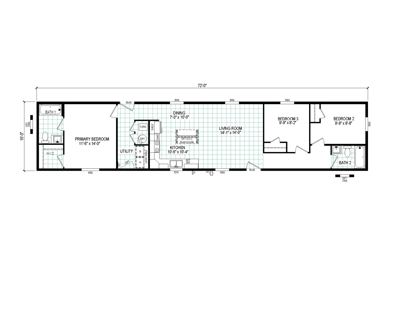 The 7216-4200 ADRENALINE Floor Plan. This Manufactured Mobile Home features 3 bedrooms and 2 baths.