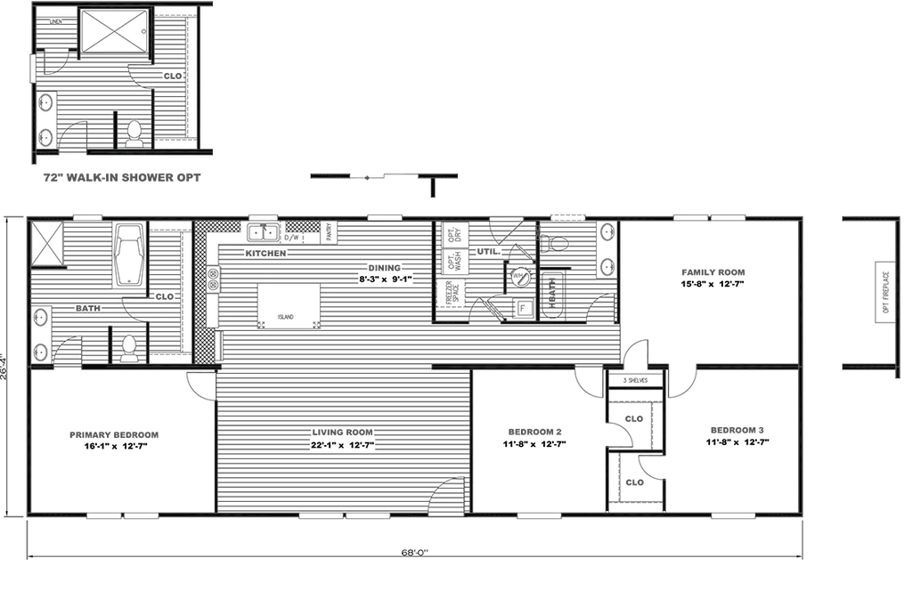 The ULTRA PRO HERCULES 28X68 3BR Floor Plan. This Manufactured Mobile Home features 3 bedrooms and 2 baths.