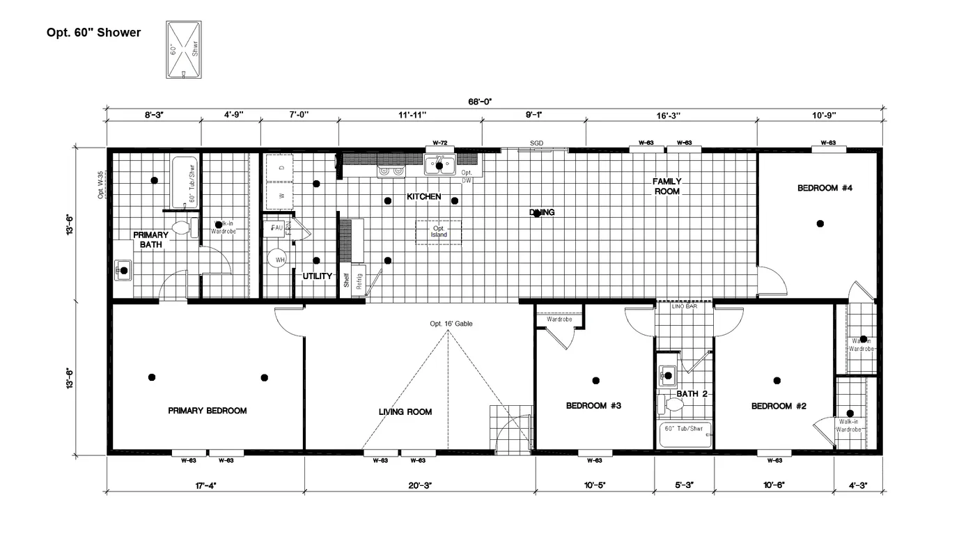 The SLE 681F Floor Plan. This Manufactured Mobile Home features 4 bedrooms and 2 baths.