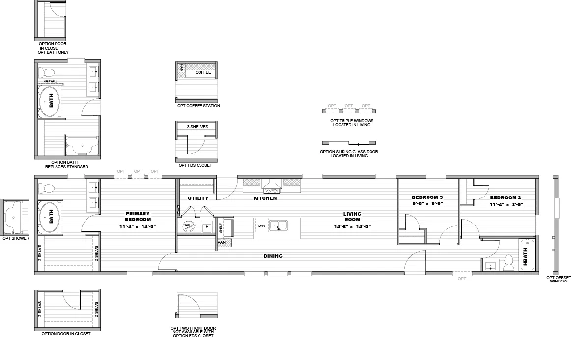 The THE SPARK Floor Plan. This Manufactured Mobile Home features 3 bedrooms and 2 baths.