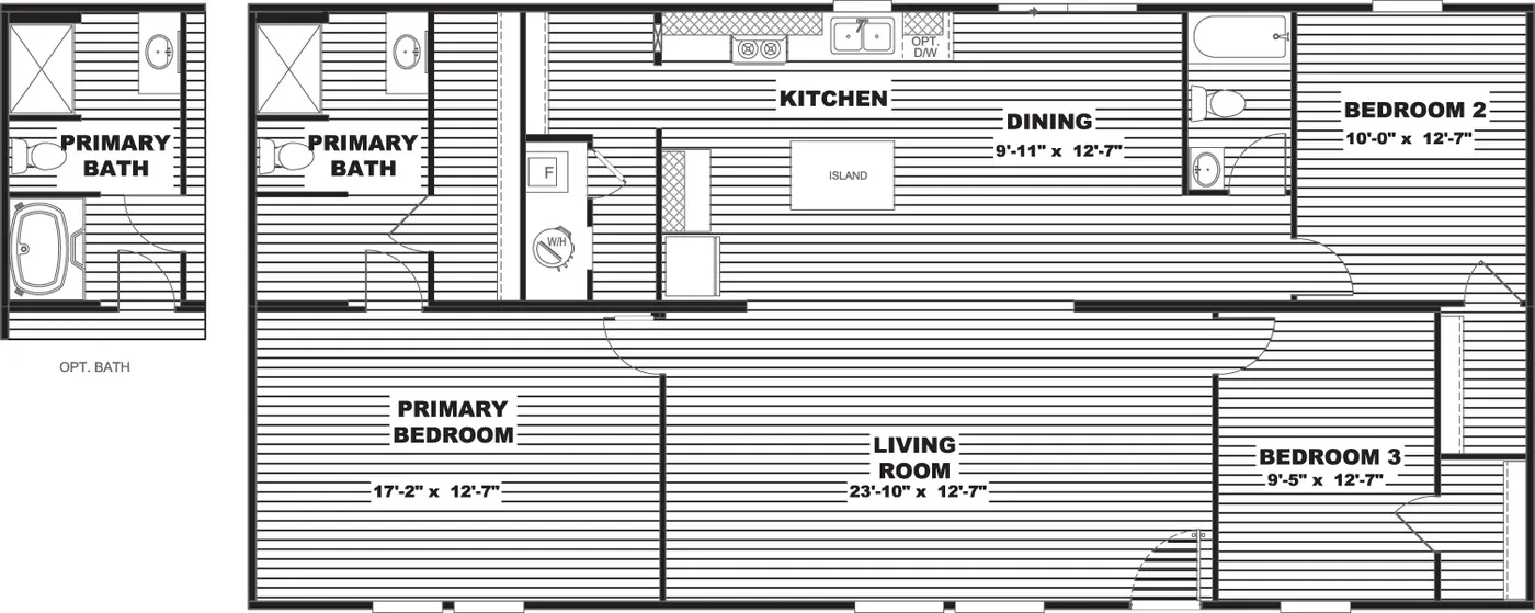 The SPRUCE Floor Plan. This Manufactured Mobile Home features 3 bedrooms and 2 baths.