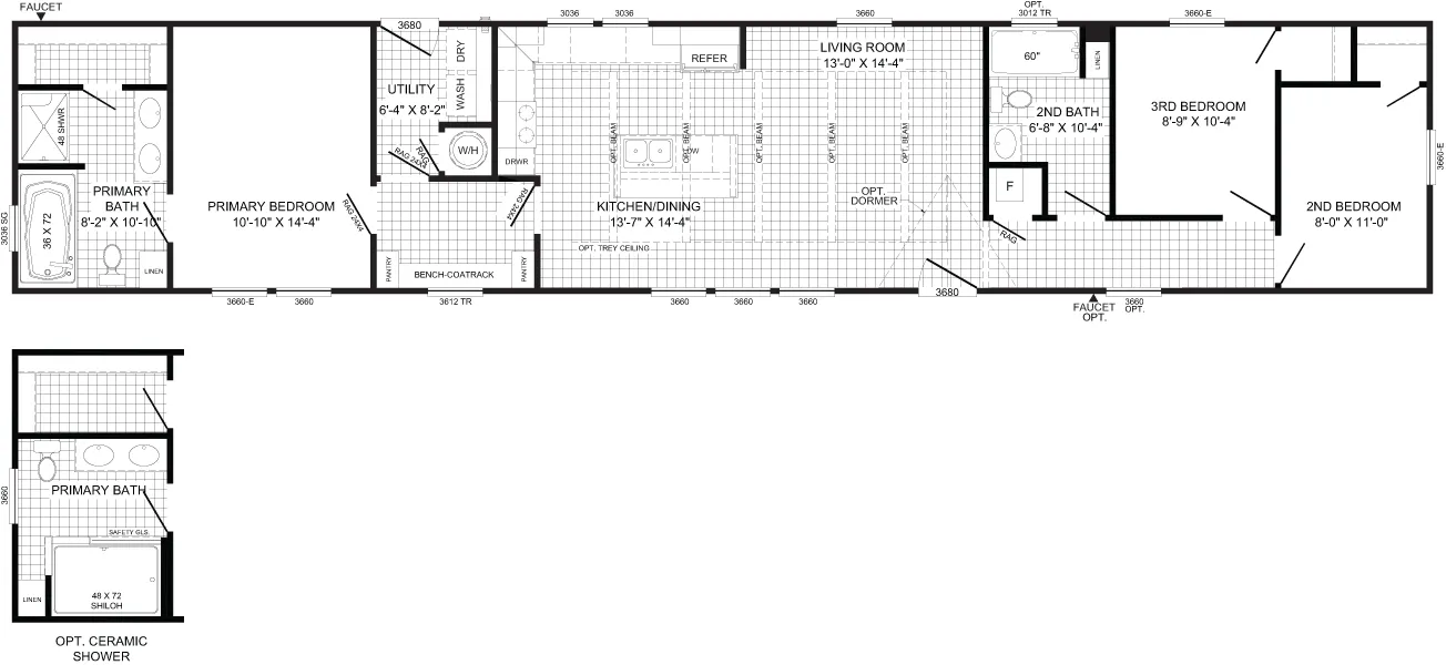 The THE HALSEY Floor Plan. This Manufactured Mobile Home features 3 bedrooms and 2 baths.
