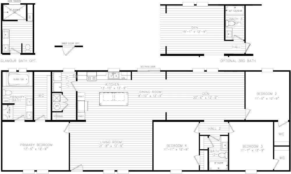 The M001 BIG EASY HUD Floor Plan. This Manufactured Mobile Home features 4 bedrooms and 2 baths.