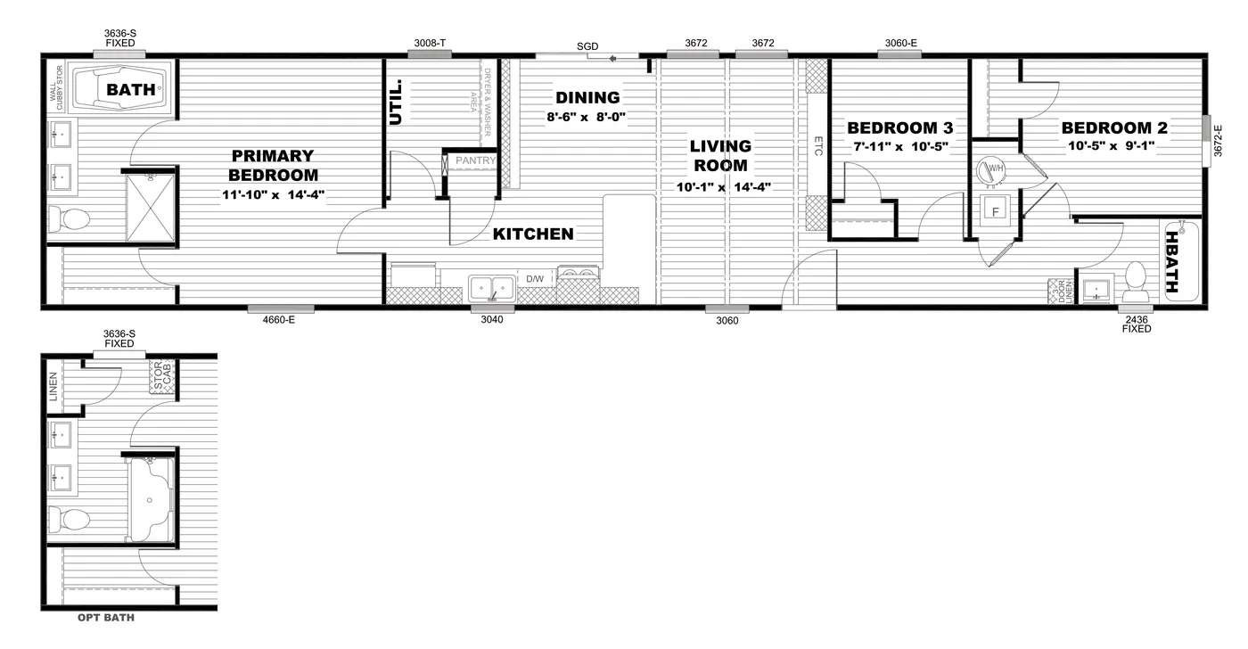The ANNIVERSARY 16683B Floor Plan. This Manufactured Mobile Home features 3 bedrooms and 2 baths.